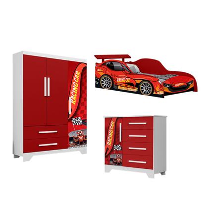 Imagem de Conjunto Quarto Infantil Carros Cama Solteiro Cômoda Roupeiro Mdf - Vermelho