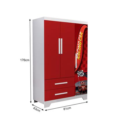 Imagem de Conjunto Quarto Infantil Carros - Cama Solteiro Proteção Lateral Colchão e Roupeiro Mdf - Vermelho