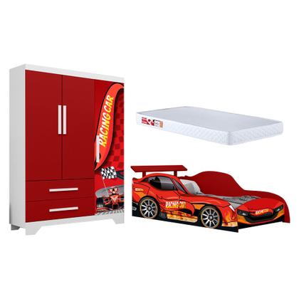 Imagem de Conjunto Quarto Infantil Carros - Cama Solteiro Proteção Lateral Colchão e Roupeiro Mdf - Vermelho