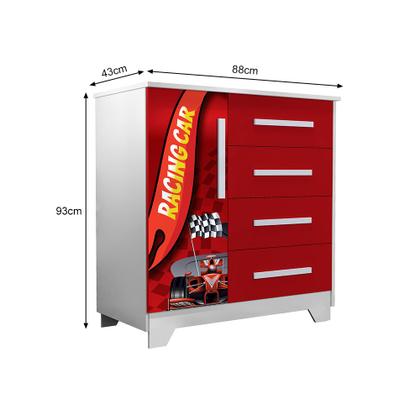 Imagem de Conjunto Quarto Infantil Carros - Cama Solteiro Proteção Lateral com Colchão e Comoda Mdf - Vermelho