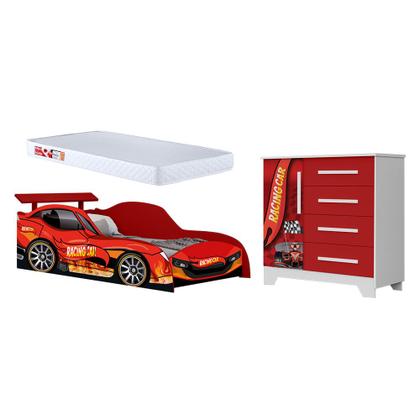 Imagem de Conjunto Quarto Infantil Carros - Cama Solteiro Proteção Lateral com Colchão e Comoda Mdf - Vermelho