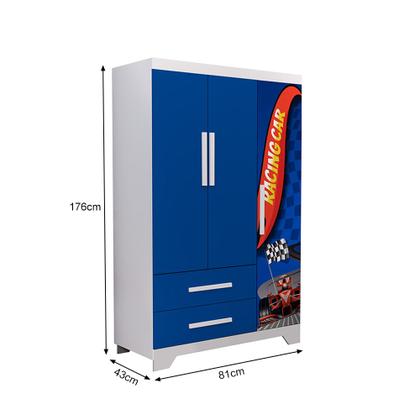 Imagem de Conjunto Quarto Infantil Carros - Cama Solteiro Proteção Lateral com Colchão e Roupeiro Mdf - Azul