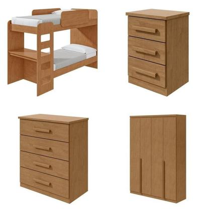 Imagem de Conjunto Quarto Infantil com Beliche Escrivaninha Cômoda e Guarda-Roupa Marrom Amêndoa Clean