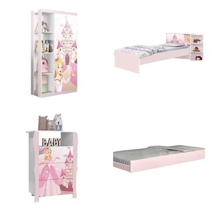 Imagem de Conjunto Quarto Infantil Guarda Roupa 2 Portas Cômoda 3 Gavetas Lara e Cama Princesa