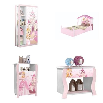 Imagem de Conjunto Quarto Infantil Guarda Roupa 2 Portas Cômoda e Mesa de Cabeceira Lara e Cama Casa Princesa Rosa