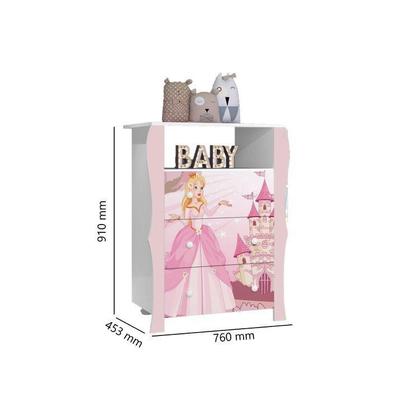 Imagem de Conjunto Quarto Infantil Guarda Roupa 2 Portas Cômoda e Mesa de Cabeceira Lara e Cama Casa Princesa Rosa