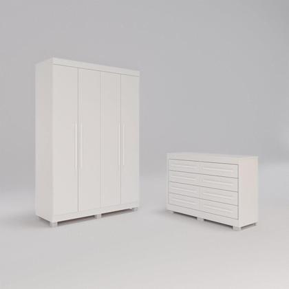 Imagem de Conjunto Quarto Infantil Guarda-Roupa 4 Portas 3 Gavetas e Cômoda 8 Gavetas Alice Espresso Móveis Branco
