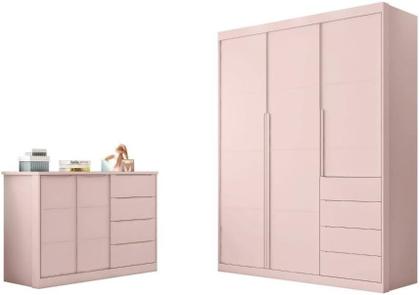 Imagem de Conjunto Quarto Infantil Pérola com Guarda Roupa 3 Portas 4 Gavetas e Cômoda Rosê - Phoenix Baby