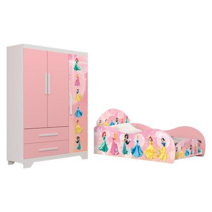 Imagem de Conjunto Quarto Infantil Princesas Mdf - Cama Solteiro com Proteção Lateral e Roupeiro - Rosa