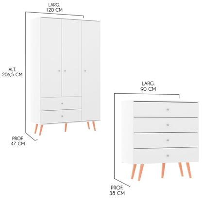 Imagem de Conjunto Quarto Solteiro Retrô com Guarda-Roupa Cômoda Branca