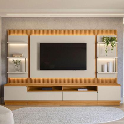 Imagem de Conjunto Rack Com Painel Modulado Para Tv Até 70 E 2 Módulos Laterais Ripado Tauari-off White