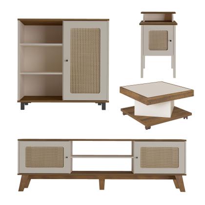 Imagem de Conjunto Rack, Mesa De Apoio e Buffet Charlotte e Mesa De Centro Saara Artely Cor Pinho com Off White