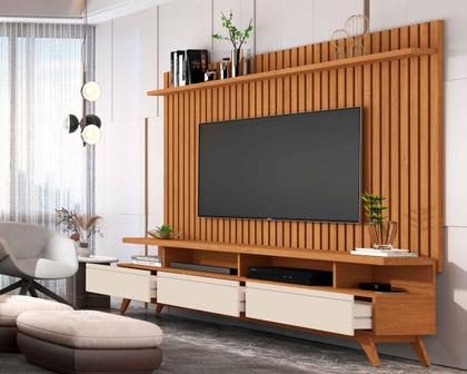 Imagem de Conjunto Rack Vivare 1.8 Com Painel Classic Ripado para Tv até 72 Polegadas Nature com OffWhite - Rede Móveis