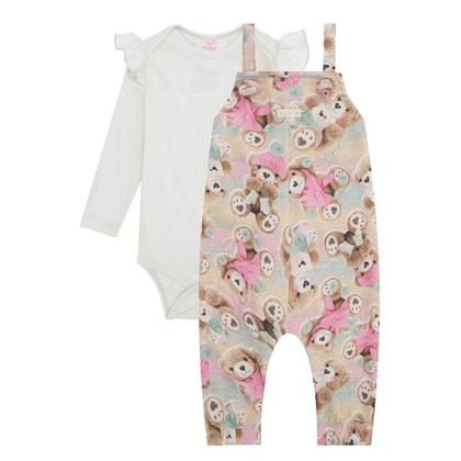 Conjunto Rainbow de Body em Canelado e Jardineira em Moletom 3 Cabos Off com Rosa Kukie Imagem de Conjunto Rainbow de Body em Canelado e Jardineira em Moletom 3 Cabos Off com Rosa Kukie
