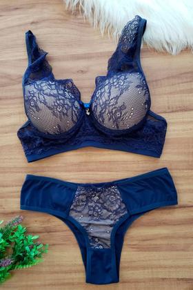 Imagem de conjunto renda sobre bojo com base em elastico encapado e calcinha tanga