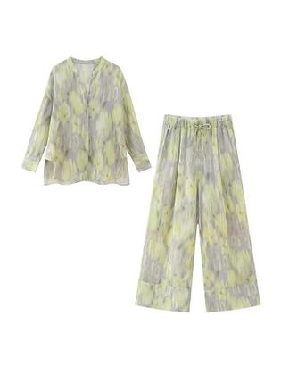 Imagem de Conjunto Retro Feminino De Algodão Camisa De Manga Longa Com Decote Em V Calças De Cintura Alta Com