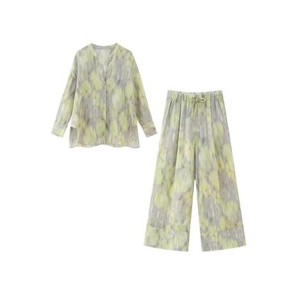 Imagem de Conjunto Retro Feminino De Algodão Camisa De Manga Longa Com Decote Em V Calças De Cintura Alta Com