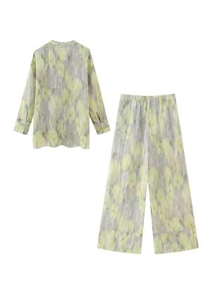 Imagem de Conjunto Retro Feminino De Algodão Camisa De Manga Longa Com Decote Em V Calças De Cintura Alta Com