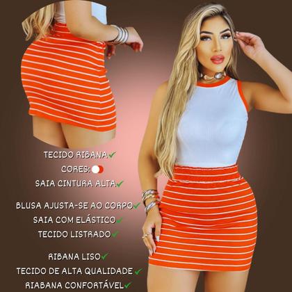 Imagem de Conjunto Ribana Feminino Blusa e Saia Listrada Cintura Alta Com Elástico Tecido Algodão