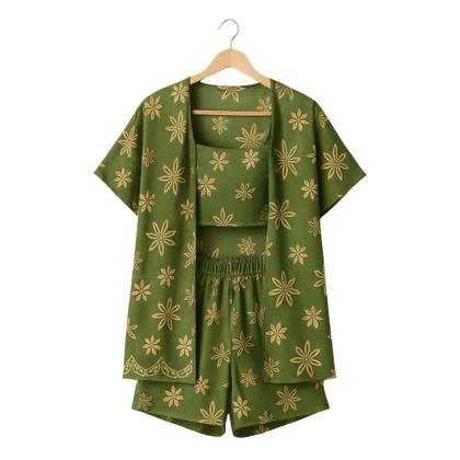 Imagem de Conjunto Roupa Feminina Casual 3 Peças Kimono Curto Cropped e Shorts Floral Verde - Portal Modas