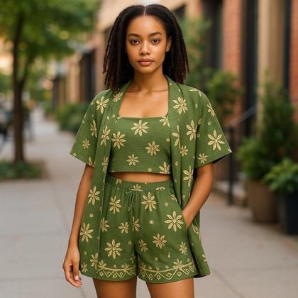 Imagem de Conjunto Roupa Feminina Casual 3 Peças Kimono Curto Cropped e Shorts Floral Verde - Portal Modas
