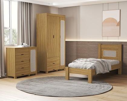 Imagem de Conjunto Roupeiro/Cômoda/Cama De Solteiro Clara Nature - VJ Móveis