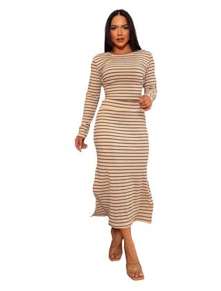 Imagem de Conjunto Saia e Cropped 3d Fenda Malha Canelada Listrada