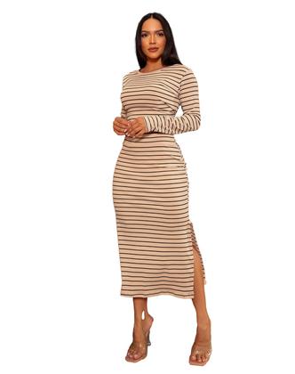 Imagem de Conjunto Saia e Cropped 3d Fenda Malha Canelada Listrada