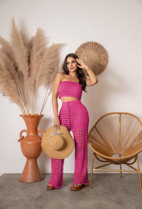 Imagem de Conjunto Saída De Praia Calça Pantalona Cropped Tricot Verão