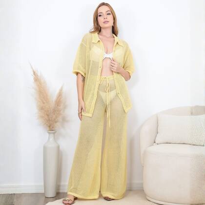 Imagem de Conjunto Saída Praia Tricot Croche Camisa e Calça Moda Verão Cor:Amarelo Manteiga PastelTamanho:P