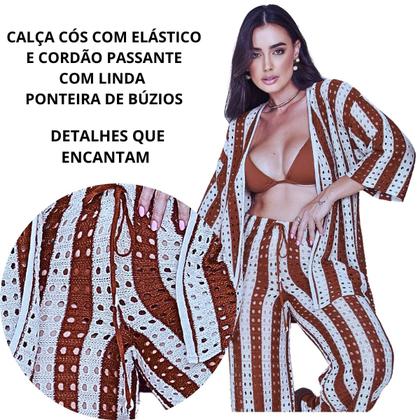 Imagem de Conjunto Saída Praia Tricot Rendado Furadinho Croche Kimono Calça Verão Tendência Moda Blogueira