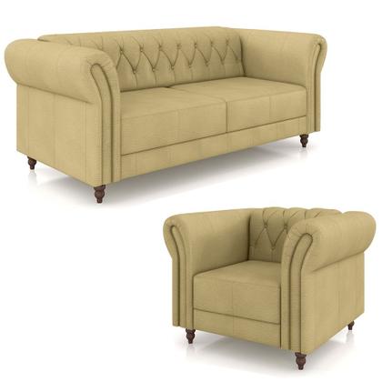 Imagem de Conjunto Sala de Estar 1 Sofá Living 180cm e 1 Poltrona Stanford Chesterfield Pés Madeira Couro Bege G58 - Gran Belo
