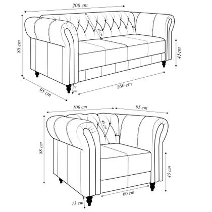 Imagem de Conjunto Sala de Estar 1 Sofá Living 200cm e 2 Poltronas Stanford Chesterfield Pés Madeira Couro Marrom Manchado G58 - Gran Belo