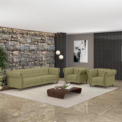 Imagem de Conjunto Sala de Estar 1 Sofá Living 260cm e 2 Poltronas Stanford Chesterfield Pés Madeira Couro Fendi G58 - Gran Belo