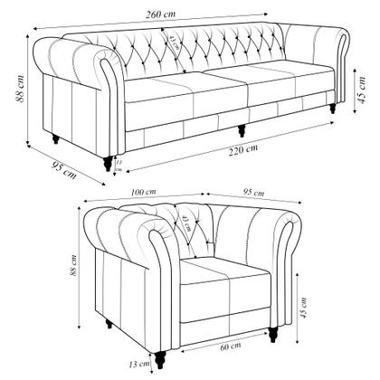 Imagem de Conjunto Sala de Estar 1 Sofá Living 260cm e 2 Poltronas Stanford Chesterfield Pés Madeira Couro Off White G58 - Gran Belo