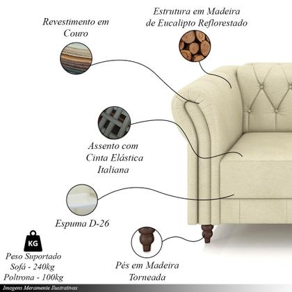 Imagem de Conjunto Sala de Estar 1 Sofá Living 260cm e 2 Poltronas Stanford Chesterfield Pés Madeira Couro Off White G58 - Gran Belo