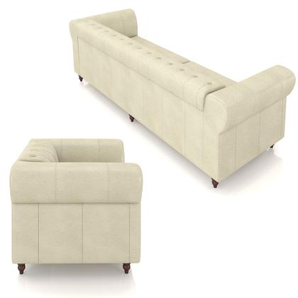 Imagem de Conjunto Sala de Estar 1 Sofá Living 260cm e 2 Poltronas Stanford Chesterfield Pés Madeira Couro Off White G58 - Gran Belo