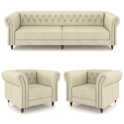 Imagem de Conjunto Sala de Estar 1 Sofá Living 260cm e 2 Poltronas Stanford Chesterfield Pés Madeira Couro Off White G58 - Gran Belo