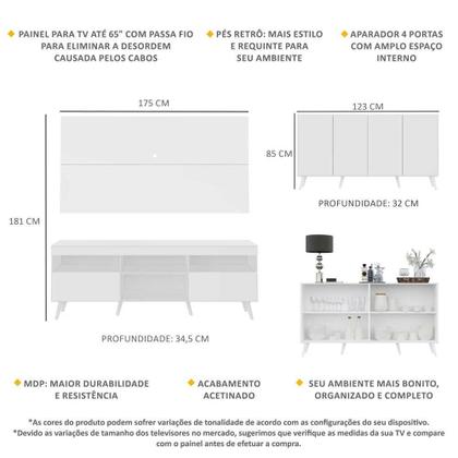Imagem de Conjunto Sala de Estar Rack + Painel TV 65" e Aparador Retrô Sofia Multimóveis Branco