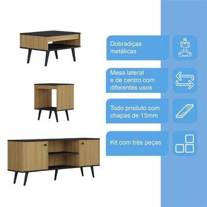 Imagem de Conjunto Sala de Estar Tóquio 3 Peças  Rack para Tv, Mesa de Centro e Mesa de Apoio Cor Mel/preto