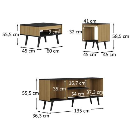 Imagem de Conjunto Sala de Estar Tóquio 3 Peças  Rack para Tv, Mesa de Centro e Mesa de Apoio Cor Mel/preto