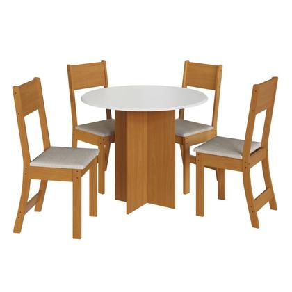 Imagem de Conjunto Sala de Jantar 1 Mesa Tampo MDF Redondo 4 Cadeiras Malta Amarelo/Freijó/Off/Linho