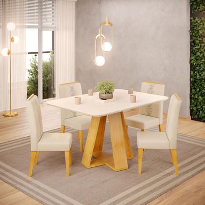 Imagem de Conjunto Sala de Jantar 4 Cadeiras Tampo Chanfrado Retangular 120cm com Vidro Kiara Cedro Off White Yasmin Linho Neve - DJ Móveis