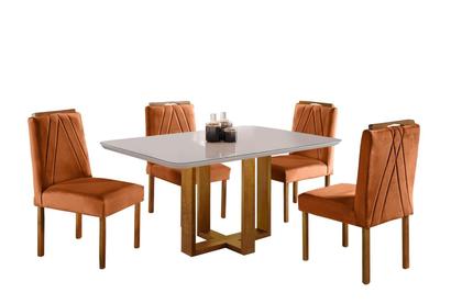 Imagem de Conjunto Sala de Jantar 4 Lugares Mesa Madeira Maciça e Cadeiras Veludo Terracota