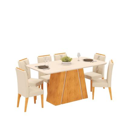 Imagem de Conjunto Sala de Jantar 6 Cadeiras Tampo Curvo DJ Móveis Gabi Cedro Off Yasmin Linho Neve