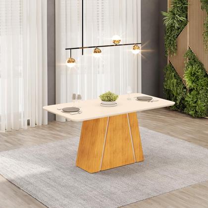 Imagem de Conjunto Sala de Jantar 6 Cadeiras Tampo Curvo DJ Móveis Gabi Cedro Off Yasmin Linho Neve