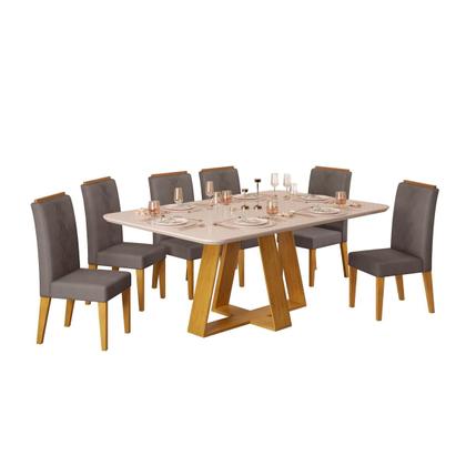 Imagem de Conjunto Sala de Jantar 6 Cadeiras Tampo Curvo DJ Móveis Kiara Cedro Yasmin Veludo Lunar