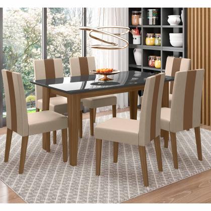 Imagem de Conjunto Sala de Jantar 6 Cadeiras Tampo Retangular 160cm com Vidro Liz Carvalho Grafite Linea Marfim - Poliman