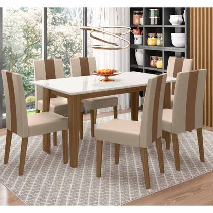 Imagem de Conjunto Sala de Jantar 6 Cadeiras Tampo Retangular 160cm com Vidro Liz Carvalho Off White Linea Marfim - Poliman