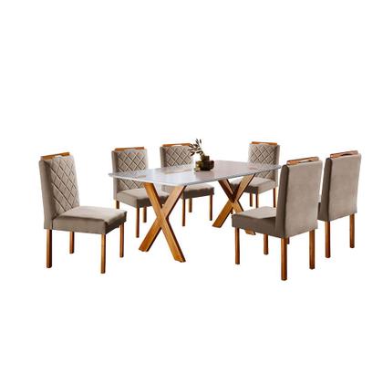 Imagem de Conjunto Sala de Jantar 6 Lugares Espanha Mesa e Cadeiras Madeira Maciça Tampo Com Vidro Tecido Linho Areia